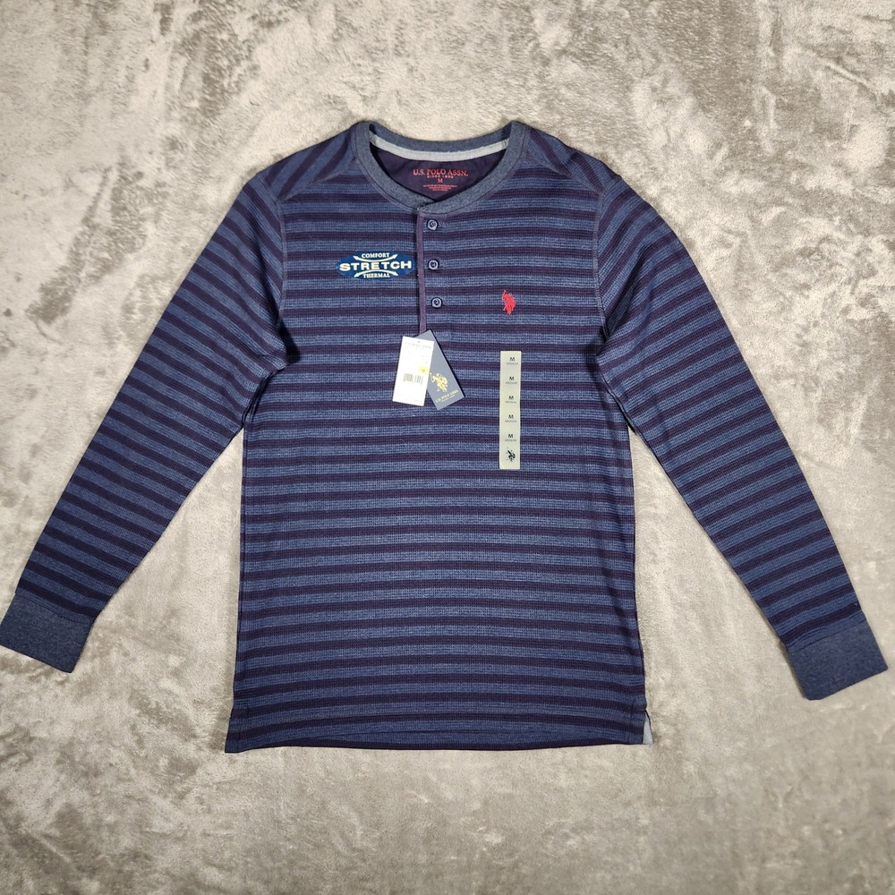 U.S. Polo Assn. Henley Mens Medium 1186429G Blue Striped Stretch Thermal NEW
